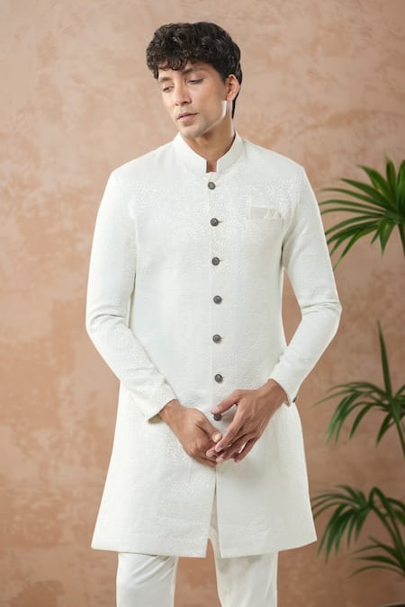 Shop Arihant Rai Sinha White Woven Jacquard Sherwani And Pollo Pant Set Online at Aza Fashions Shop_Arihant Rai Sinha_White Woven Jacquard Sherwani And Pollo Pant Set _Online_at_Aza_Fashions