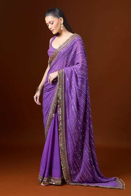 Buy_Yoshita Couture_Purple Sequins Round Neck Stripe Embroidered Saree Set _Online_at_Aza_Fashions