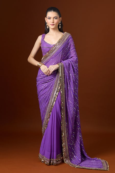 Shop_Yoshita Couture_Purple Sequins Round Neck Stripe Embroidered Saree Set _Online_at_Aza_Fashions
