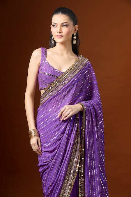 Yoshita Couture_Purple Sequins Round Neck Stripe Embroidered Saree Set _at_Aza_Fashions