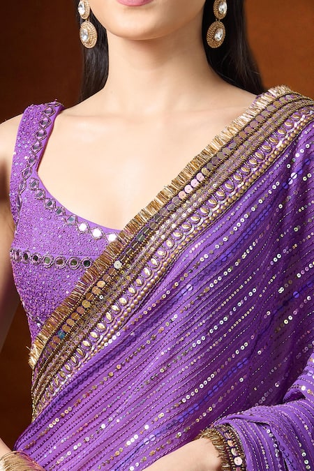 Buy_Yoshita Couture_Purple Sequins Round Neck Stripe Embroidered Saree Set 