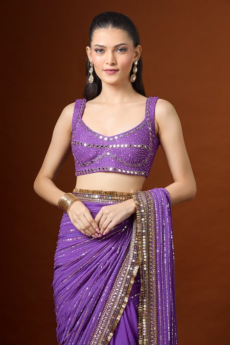 Shop_Yoshita Couture_Purple Sequins Round Neck Stripe Embroidered Saree Set 