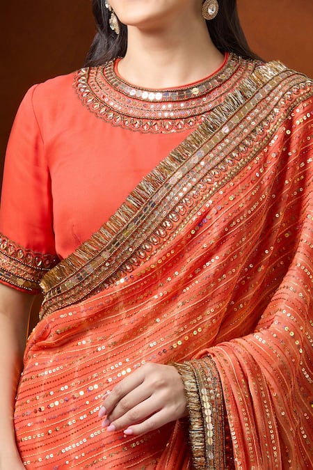 Shop Yoshita Couture Orange Sequins, Zari, Embroidery Round Neck Resham Saree With Blouse Online at Aza Fashions Shop_Yoshita Couture_Orange Sequins, Zari, Embroidery Round Neck Resham Saree With Blouse _Online_at_Aza_Fashions