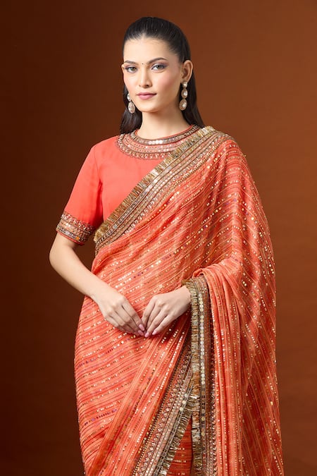 Yoshita Couture Orange Sequins, Zari, Embroidery Round Neck Resham Saree With Blouse at Aza Fashions Yoshita Couture_Orange Sequins, Zari, Embroidery Round Neck Resham Saree With Blouse _at_Aza_Fashions