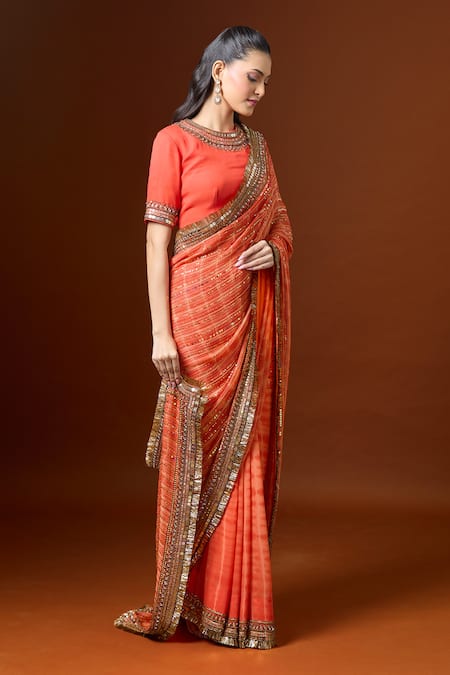 Buy Yoshita Couture Orange Sequins, Zari, Embroidery Round Neck Resham Saree With Blouse Buy_Yoshita Couture_Orange Sequins, Zari, Embroidery Round Neck Resham Saree With Blouse