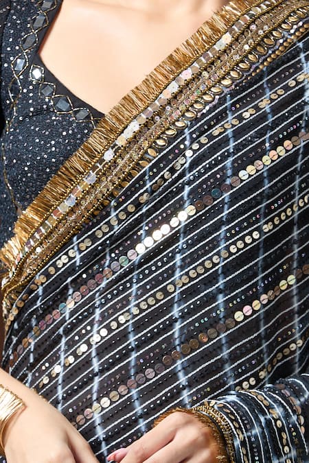 Buy_Yoshita Couture_Black Georgette, Silk Sequins, Mirrors, Norah Dori Stripe Embroidered Saree Set _Online_at_Aza_Fashions