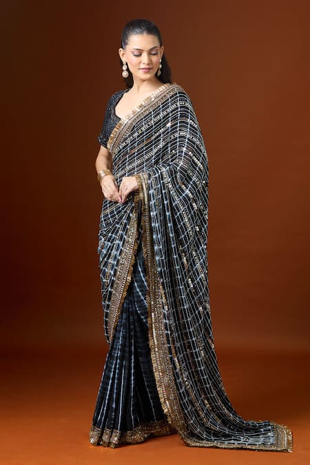 Shop_Yoshita Couture_Black Georgette, Silk Sequins, Mirrors, Norah Dori Stripe Embroidered Saree Set _Online_at_Aza_Fashions