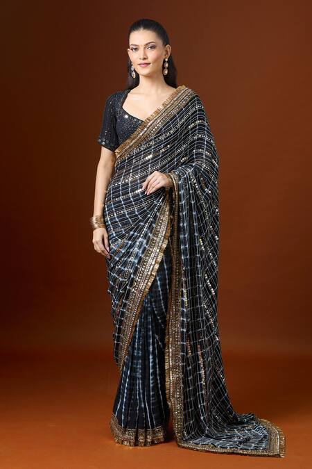 Buy_Yoshita Couture_Black Georgette, Silk Sequins, Mirrors, Norah Dori Stripe Embroidered Saree Set 