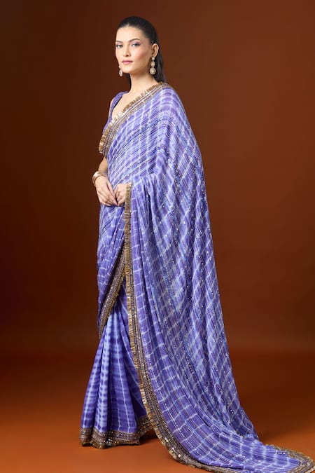 Shop_Yoshita Couture_Purple Sequins Round Neck Thread Embroidered Saree With Blouse _Online_at_Aza_Fashions