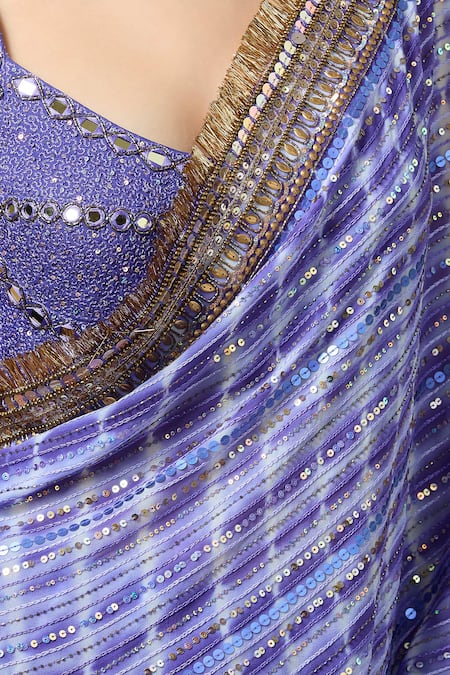Shop_Yoshita Couture_Purple Sequins Round Neck Thread Embroidered Saree With Blouse 