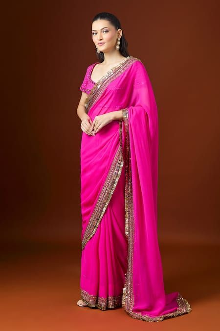 Buy_Yoshita Couture_Pink Sequins, Embroidery Sweetheart Neck Fringe Border Saree Set _Online_at_Aza_Fashions