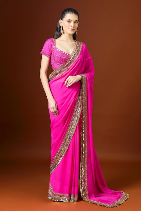 Shop_Yoshita Couture_Pink Sequins, Embroidery Sweetheart Neck Fringe Border Saree Set _Online_at_Aza_Fashions