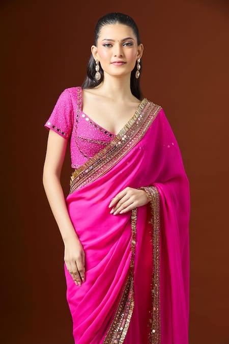 Yoshita Couture_Pink Sequins, Embroidery Sweetheart Neck Fringe Border Saree Set _at_Aza_Fashions