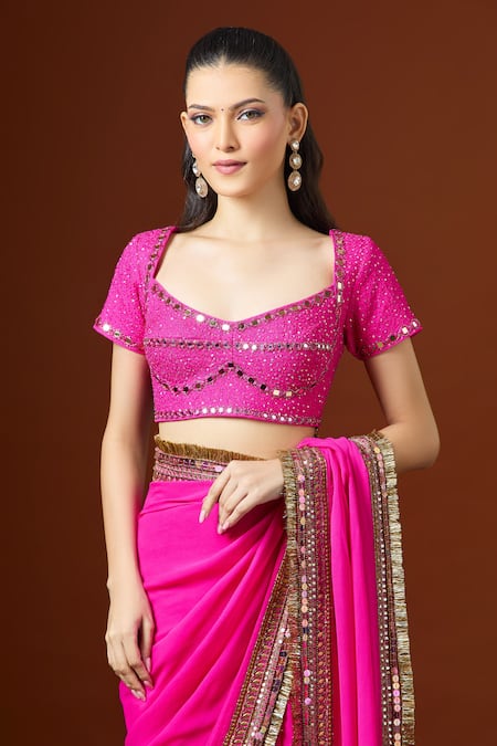 Buy_Yoshita Couture_Pink Sequins, Embroidery Sweetheart Neck Fringe Border Saree Set 