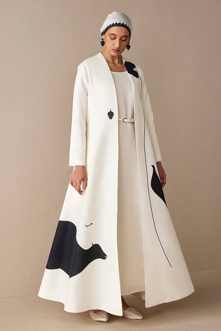 Shop Ampm Ivory Cotton, Linen, Faux Leather Embroidery Cow Patterned Jacket And Dress Set Shop_Ampm_Ivory Cotton, Linen, Faux Leather Embroidery Cow Patterned Jacket And Dress Set