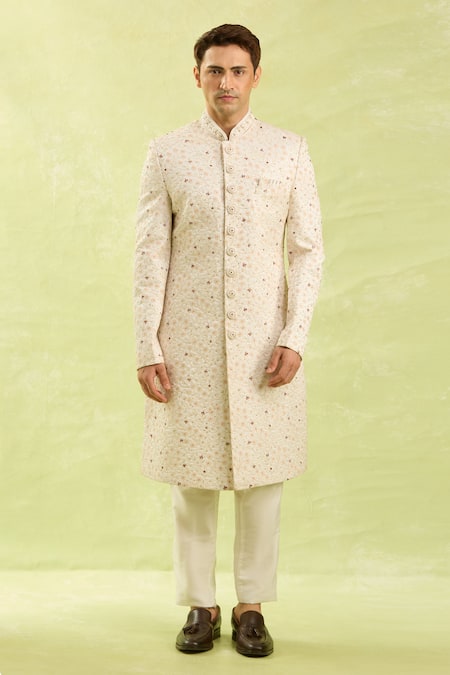 Buy_Arihant Rai Sinha_Cream Embroidery Art Silk Sherwani Set _Online_at_Aza_Fashions