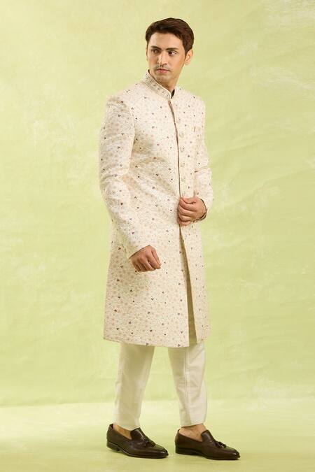 Shop_Arihant Rai Sinha_Cream Embroidery Art Silk Sherwani Set _Online_at_Aza_Fashions