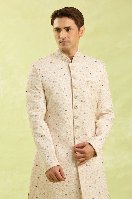 Buy_Arihant Rai Sinha_Cream Embroidery Art Silk Sherwani Set 