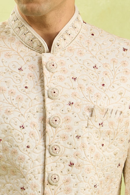 Shop_Arihant Rai Sinha_Cream Embroidery Art Silk Sherwani Set 