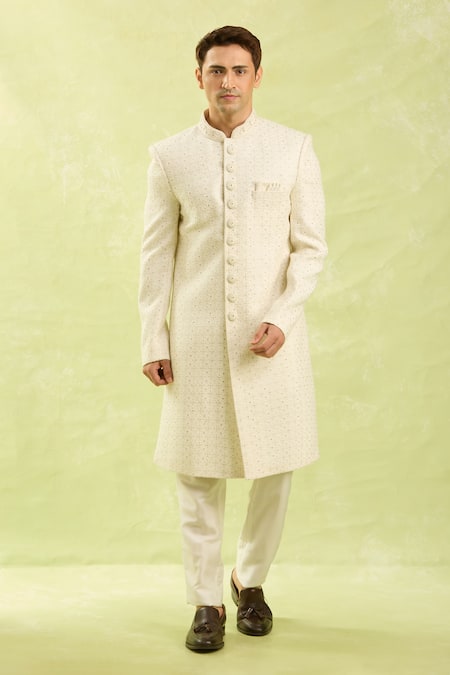 Shop_Arihant Rai Sinha_Cream Embroidery Hand Sherwani Set _Online_at_Aza_Fashions