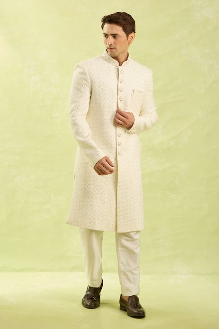 Arihant Rai Sinha_Cream Embroidery Hand Sherwani Set _at_Aza_Fashions