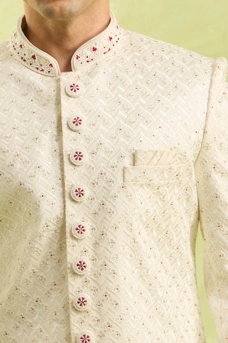 Arihant Rai Sinha_Cream Hand Embroidered Sherwani Set _Online_at_Aza_Fashions