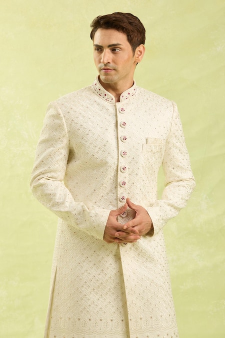 Buy_Arihant Rai Sinha_Cream Hand Embroidered Sherwani Set _Online_at_Aza_Fashions