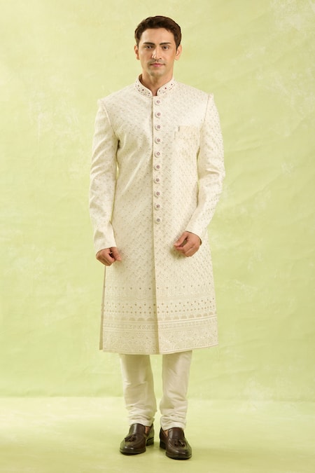 Arihant Rai Sinha_Cream Hand Embroidered Sherwani Set _at_Aza_Fashions