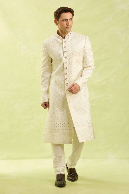 Shop_Arihant Rai Sinha_Cream Hand Embroidered Sherwani Set 
