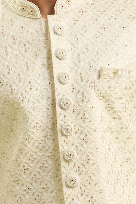 Arihant Rai Sinha_Cream Embroidery Hand Sherwani Set _Online_at_Aza_Fashions