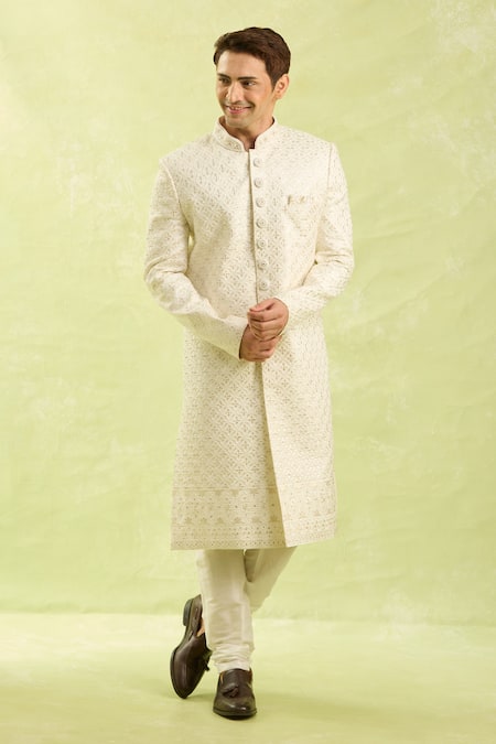 Shop_Arihant Rai Sinha_Cream Embroidery Hand Sherwani Set _Online_at_Aza_Fashions