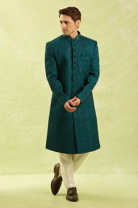 Shop Arihant Rai Sinha Green Embroidery Computer Thread Work Sherwani Set Shop_Arihant Rai Sinha_Green Embroidery Computer Thread Work Sherwani Set