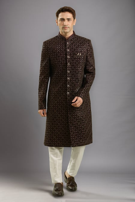 Arihant Rai Sinha Maroon Velvet Thread Work Sherwani Set 