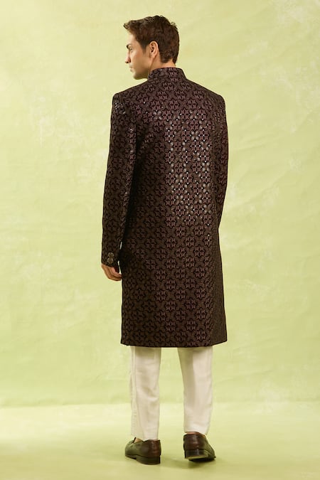 Arihant Rai Sinha Maroon Velvet Thread Work Sherwani Set 