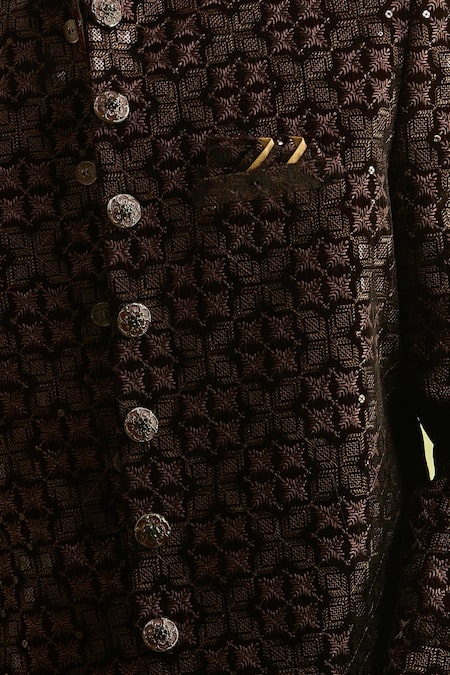 Buy_Arihant Rai Sinha_Maroon Embroidery Velvet Thread Work Sherwani Set _Online_at_Aza_Fashions