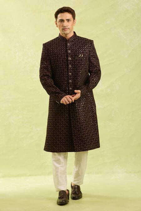 Arihant Rai Sinha_Maroon Embroidery Velvet Thread Work Sherwani Set _at_Aza_Fashions