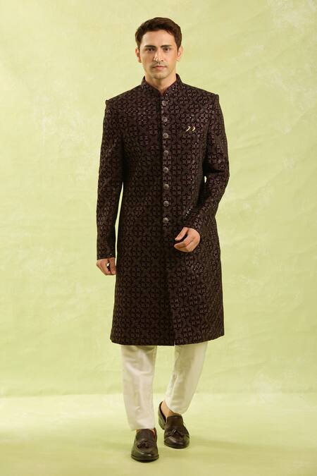 Buy_Arihant Rai Sinha_Maroon Embroidery Velvet Thread Work Sherwani Set 