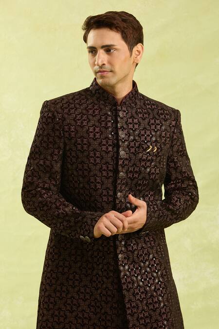 Shop_Arihant Rai Sinha_Maroon Embroidery Velvet Thread Work Sherwani Set 