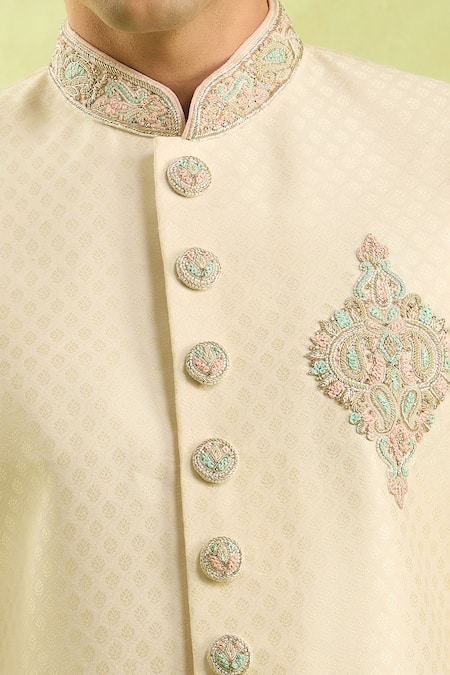 Buy_Arihant Rai Sinha_Cream Embroidery Jacquard Banarasi Silk Sherwani Set _Online_at_Aza_Fashions