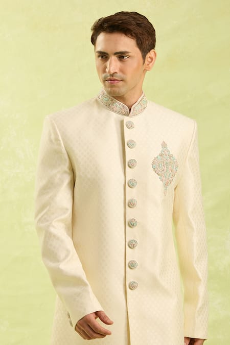 Shop_Arihant Rai Sinha_Cream Embroidery Jacquard Banarasi Silk Sherwani Set _Online_at_Aza_Fashions