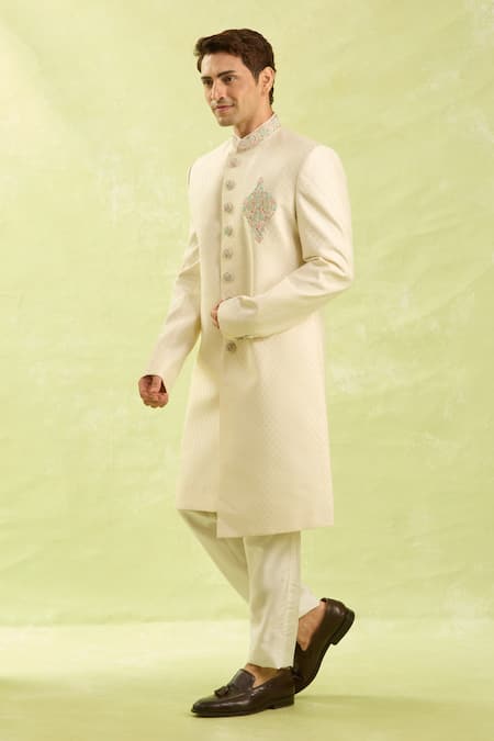 Arihant Rai Sinha_Cream Embroidery Jacquard Banarasi Silk Sherwani Set _at_Aza_Fashions