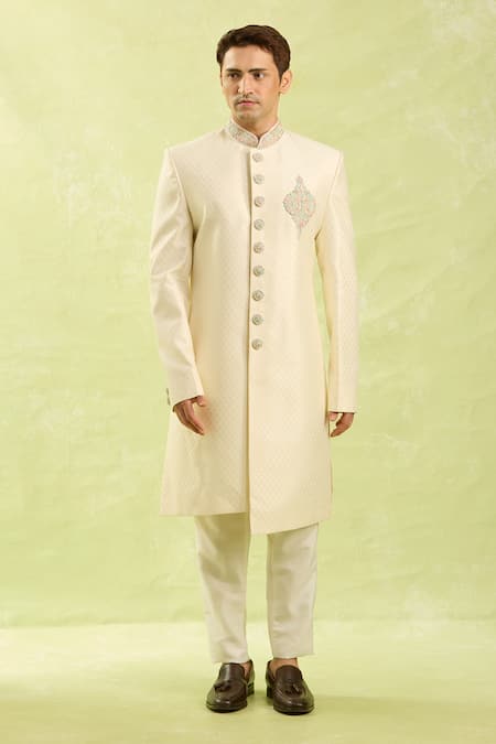 Buy_Arihant Rai Sinha_Cream Embroidery Jacquard Banarasi Silk Sherwani Set 