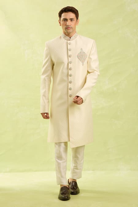 Shop_Arihant Rai Sinha_Cream Embroidery Jacquard Banarasi Silk Sherwani Set 