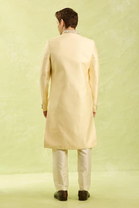 Shop Arihant Rai Sinha Gold Embroidery Jacquard Banarasi Silk Sherwani Set at Aza Fashions Shop_Arihant Rai Sinha_Gold Embroidery Jacquard Banarasi Silk Sherwani Set _at_Aza_Fashions
