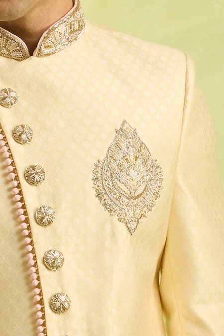 Arihant Rai Sinha Gold Embroidery Jacquard Banarasi Silk Sherwani Set Online at Aza Fashions Arihant Rai Sinha_Gold Embroidery Jacquard Banarasi Silk Sherwani Set _Online_at_Aza_Fashions