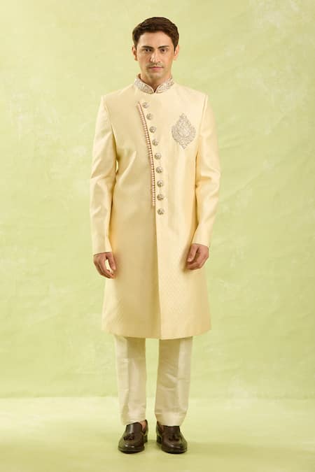Buy Arihant Rai Sinha Gold Embroidery Jacquard Banarasi Silk Sherwani Set Online at Aza Fashions Buy_Arihant Rai Sinha_Gold Embroidery Jacquard Banarasi Silk Sherwani Set _Online_at_Aza_Fashions