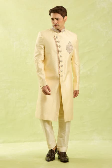 Shop Arihant Rai Sinha Gold Embroidery Jacquard Banarasi Silk Sherwani Set Online at Aza Fashions Shop_Arihant Rai Sinha_Gold Embroidery Jacquard Banarasi Silk Sherwani Set _Online_at_Aza_Fashions