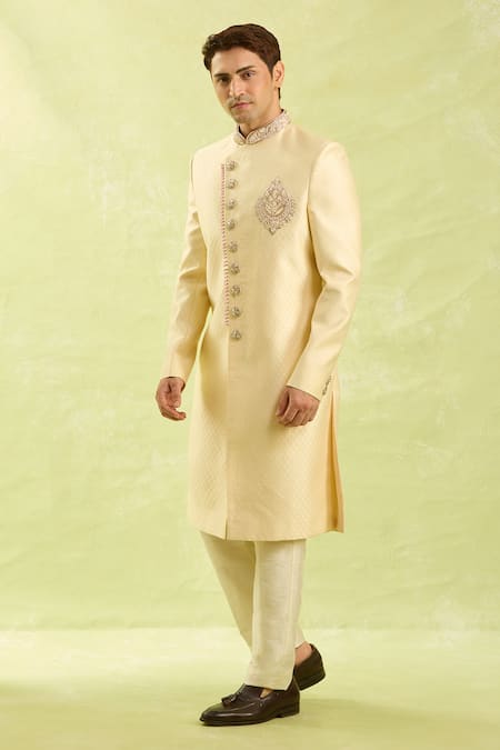 Arihant Rai Sinha Gold Embroidery Jacquard Banarasi Silk Sherwani Set at Aza Fashions Arihant Rai Sinha_Gold Embroidery Jacquard Banarasi Silk Sherwani Set _at_Aza_Fashions