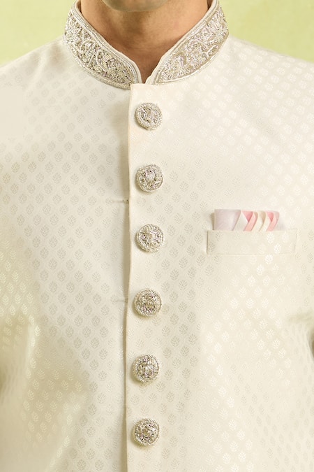 Arihant Rai Sinha_Off White Embroidery Jacquard Banarasi Silk Sherwani Set _Online_at_Aza_Fashions
