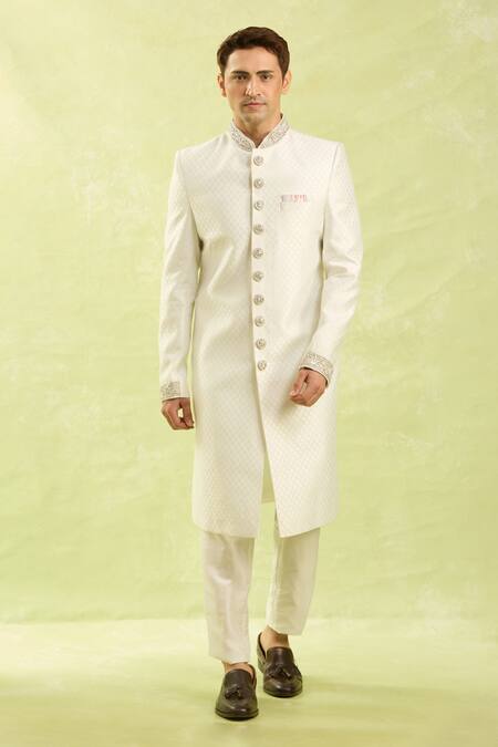 Shop_Arihant Rai Sinha_Off White Embroidery Jacquard Banarasi Silk Sherwani Set _Online_at_Aza_Fashions